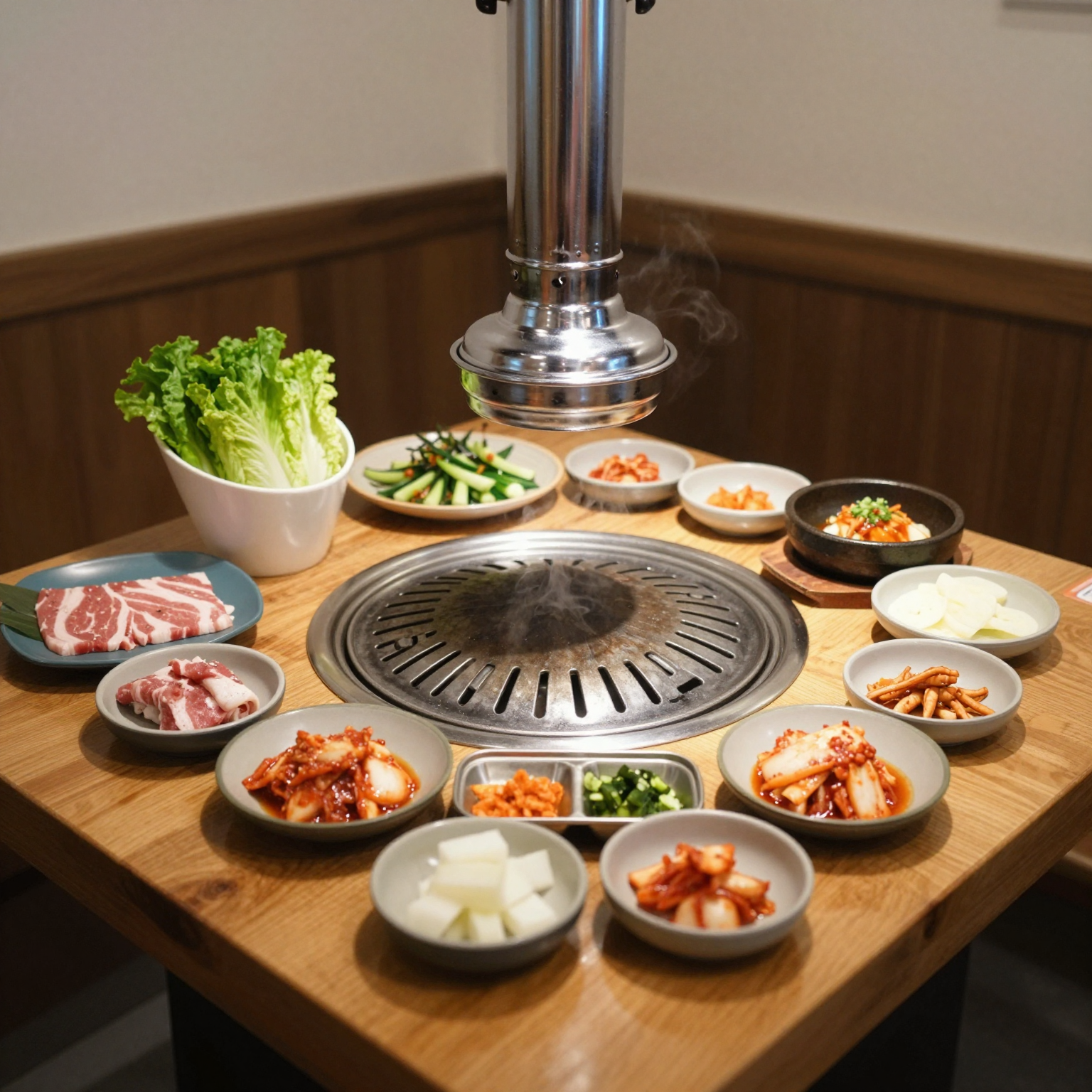 A cozy and inviting scene of a solo Korean BBQ dining experience. The table is set with a single grill in the center and a variety of small dishes surrounding it, showcasing colorful plates of marinated meats, fresh vegetables, and traditional Korean sides like kimchi and pickled radish. The atmosphere should feel warm and welcoming, emphasizing the enjoyment of dining alone.