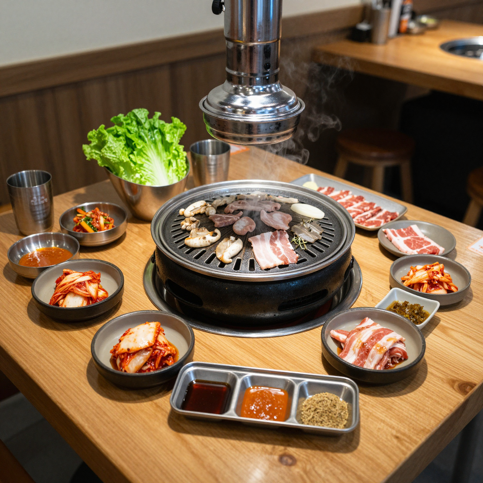 A traditional Korean BBQ setup featuring a grill in the center with various marinated meats, fresh vegetables, a variety of dipping sauces, and side dishes including kimchi, on a wooden dining table in a cozy restaurant setting.