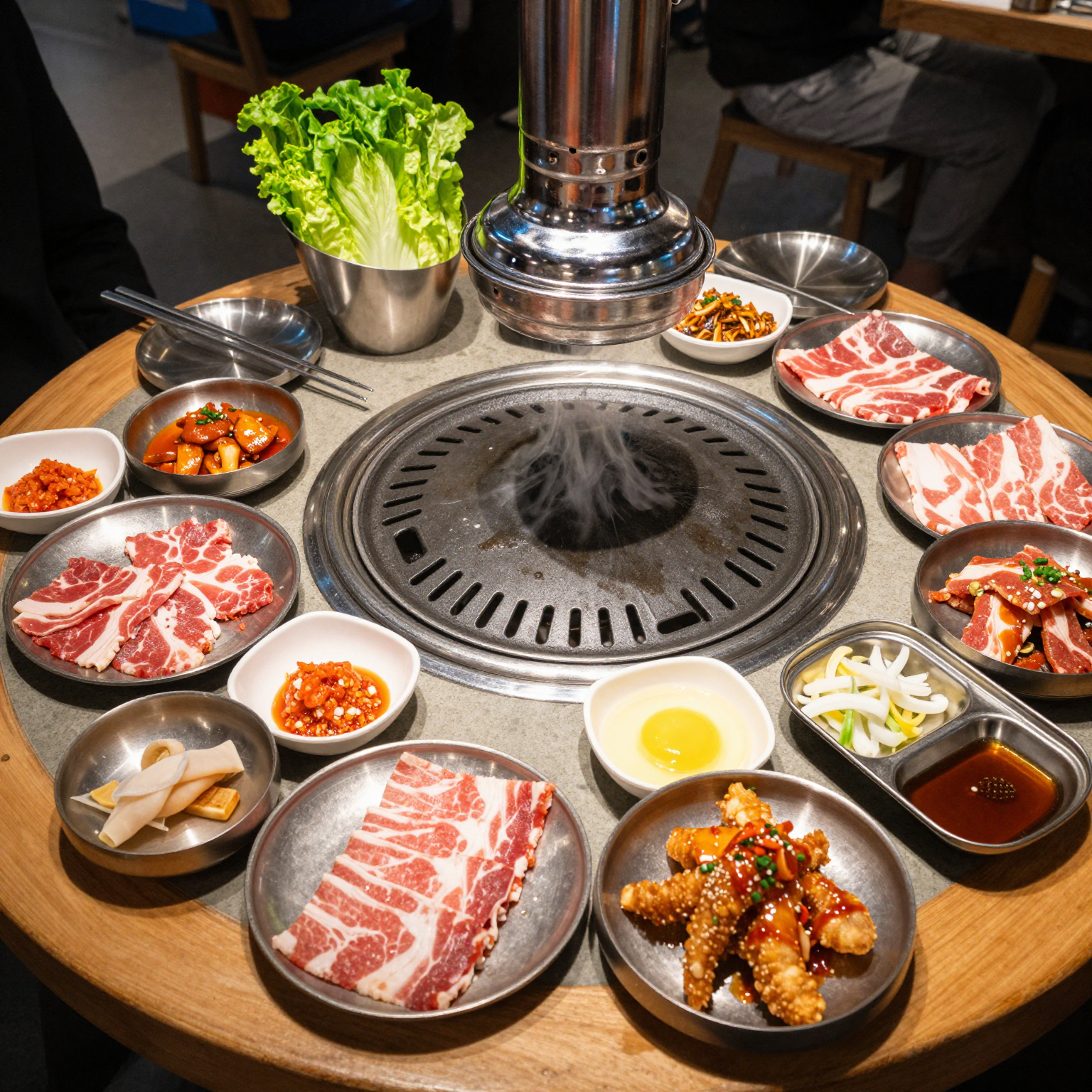 A vibrant Korean BBQ setup showcasing marinated meats and fresh vegetables