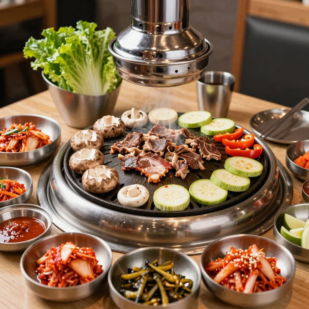 A griddle setup for Korean BBQ showcasing meats, vegetables, and sides.