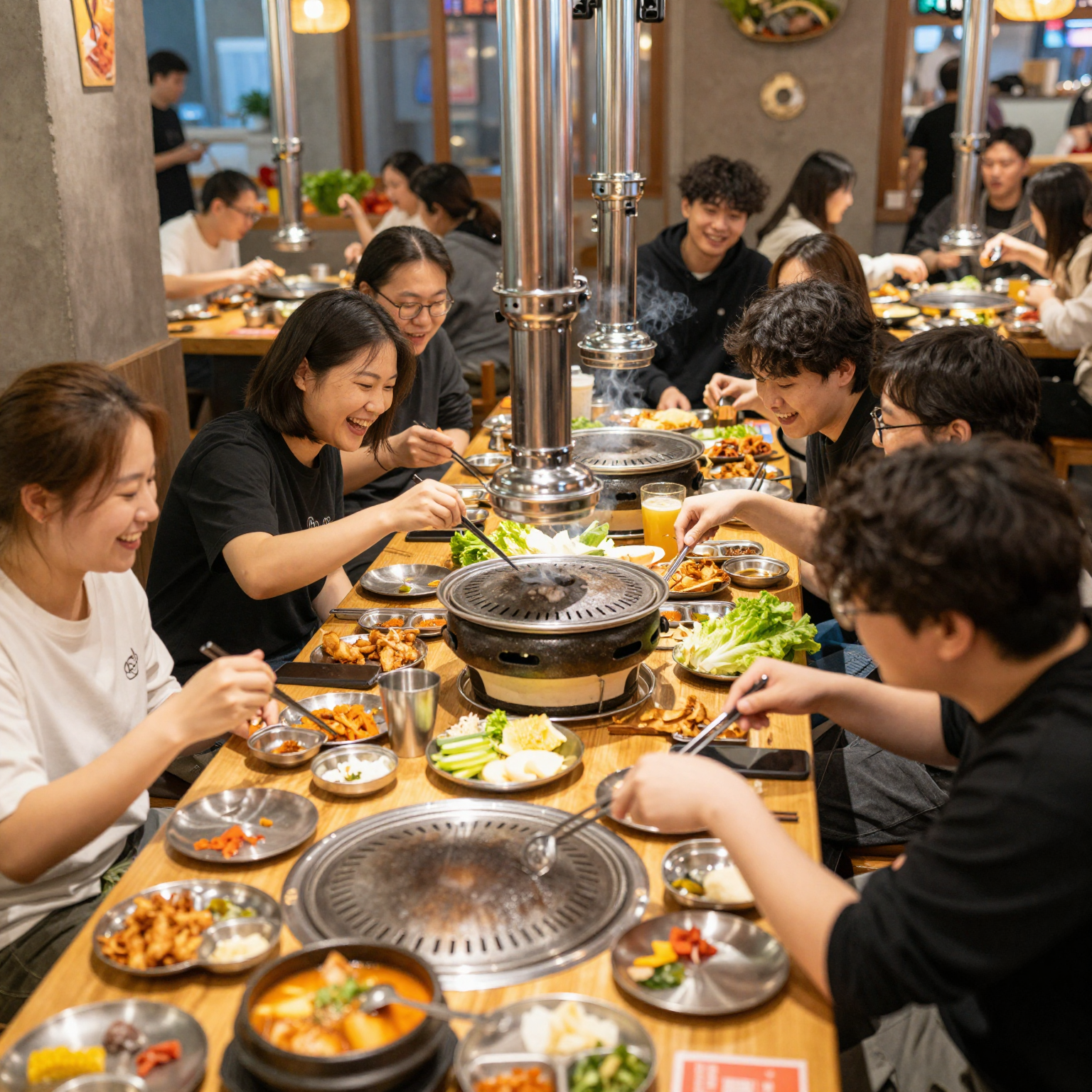 A vibrant Korean BBQ setting showcasing customers enjoying their meals at a grill table