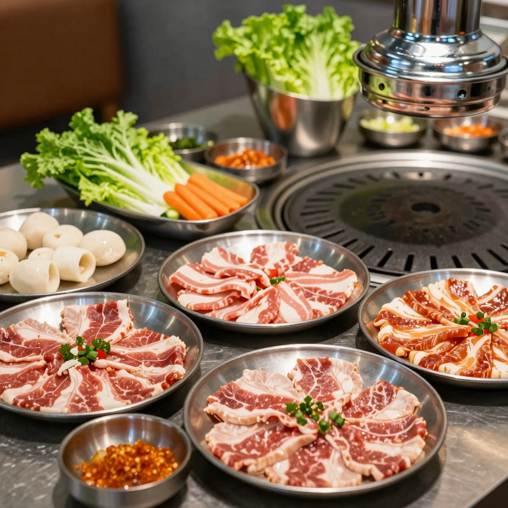 Traditional Korean BBQ preparations including marinated meats and fresh vegetables.