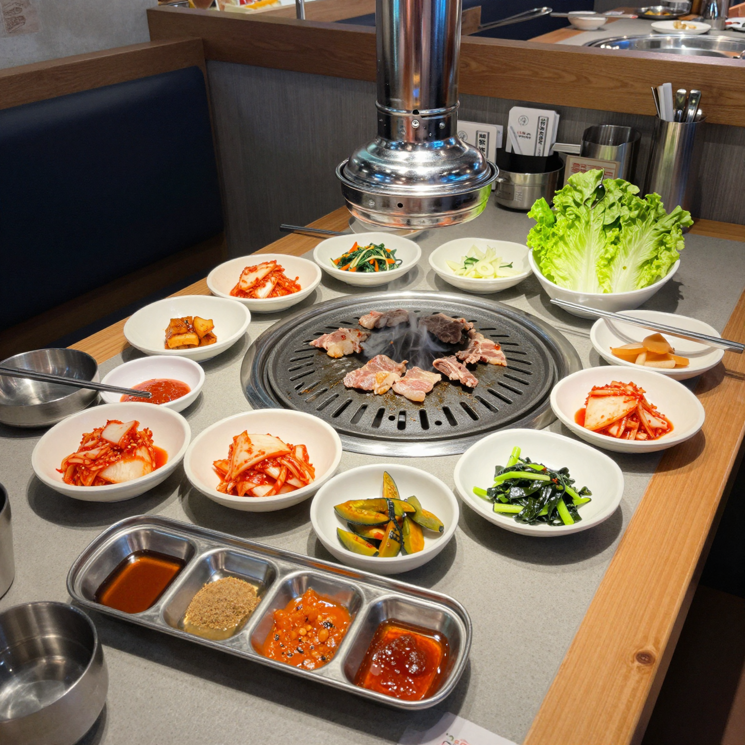 Korean BBQ table setup with grilling meat and side dishes