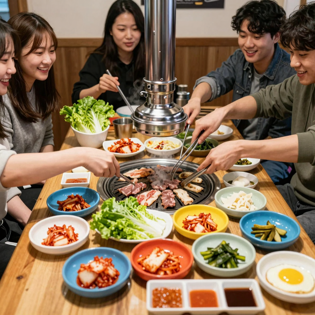 A vibrant Korean BBQ setup featuring diners gathered around a grill, joyfully cooking a variety of meats and vegetables. Surrounding the grill are colorful side dishes including kimchi, pickles, and dipping sauces. The scene highlights the fun and interactive dining experience characteristic of Korean BBQ, with customers smiling and enjoying the communal meal.