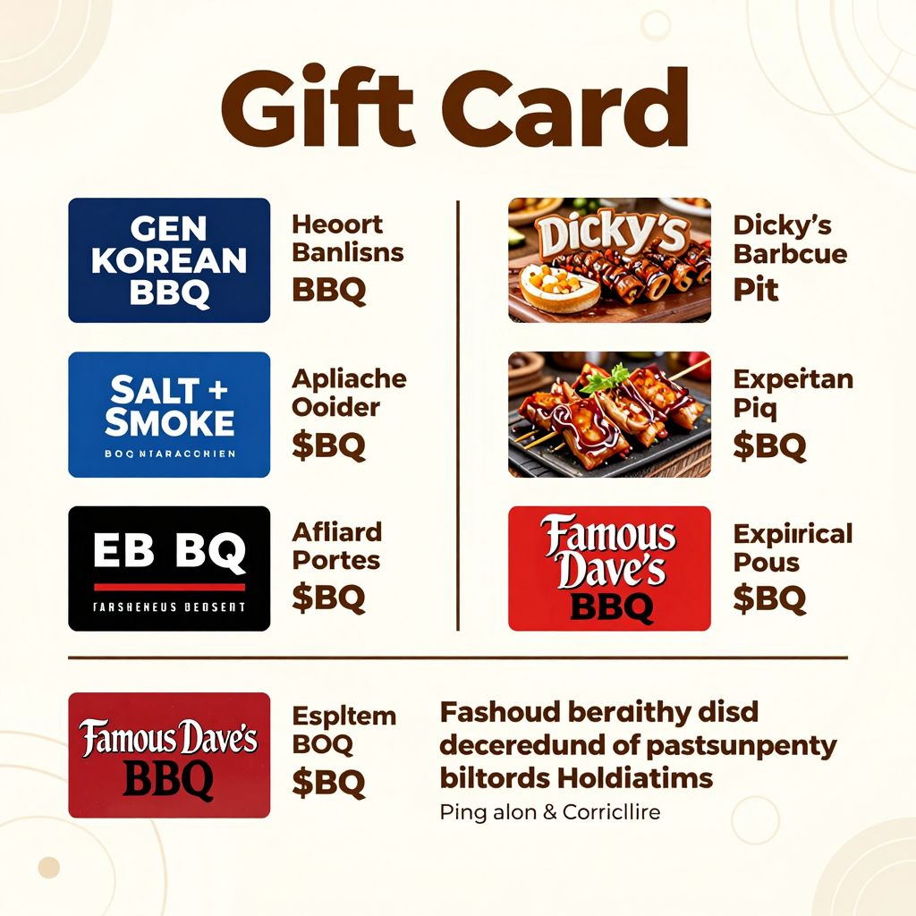 Comparison of gift card options from BBQ restaurants including Gen Korean BBQ, Dickey's Barbecue Pit, and Salt + Smoke