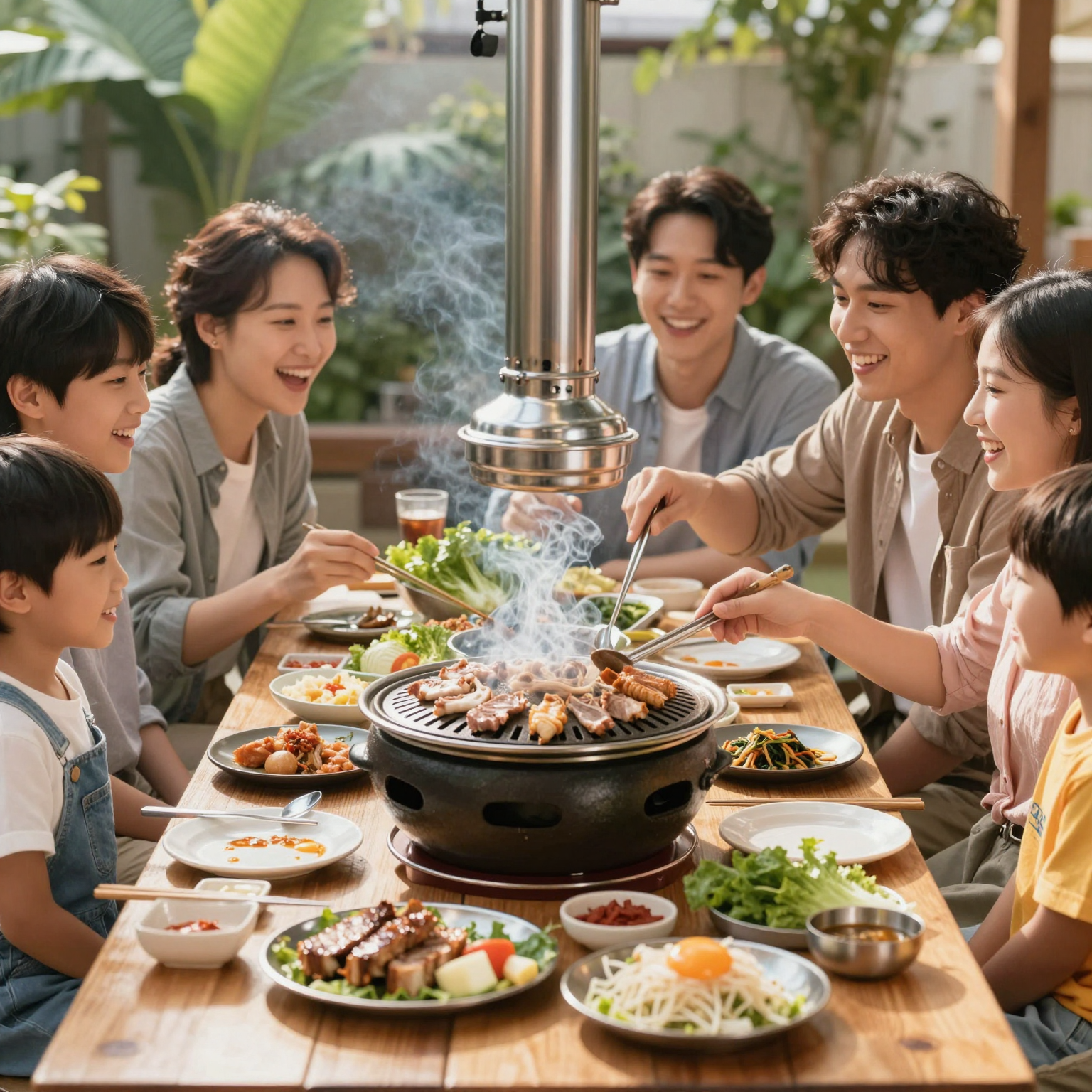 Happy Family Enjoying Korean BBQ