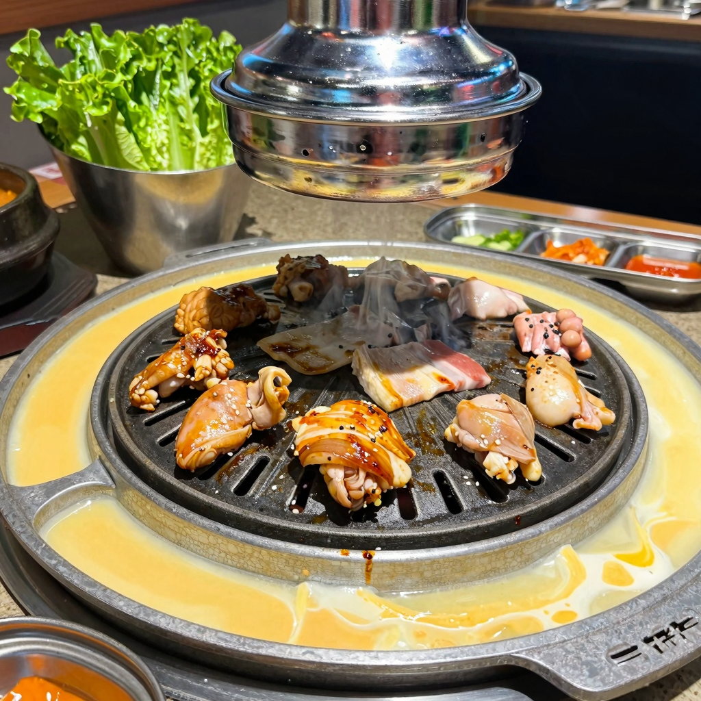 Traditional Korean BBQ setup with various meats on a grill