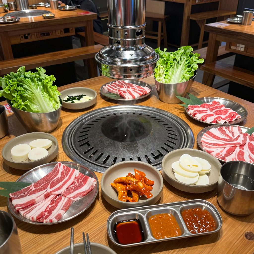 Korean BBQ preparation setup with various ingredients