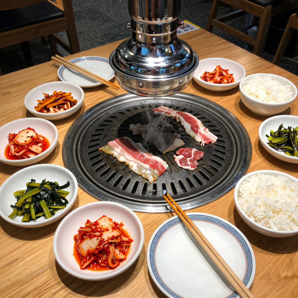Korean BBQ dining setup with a grill and various side dishes