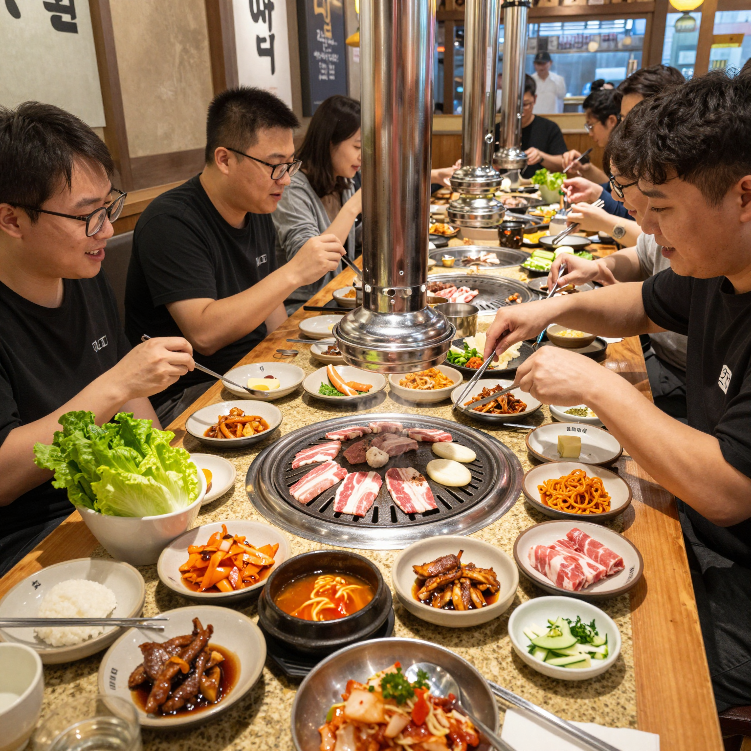 An inviting and vibrant image showcasing a bustling Korean BBQ dining experience at Don Dae Bak, highlighting diverse marinated meats, side dishes, and a joyful social atmosphere.