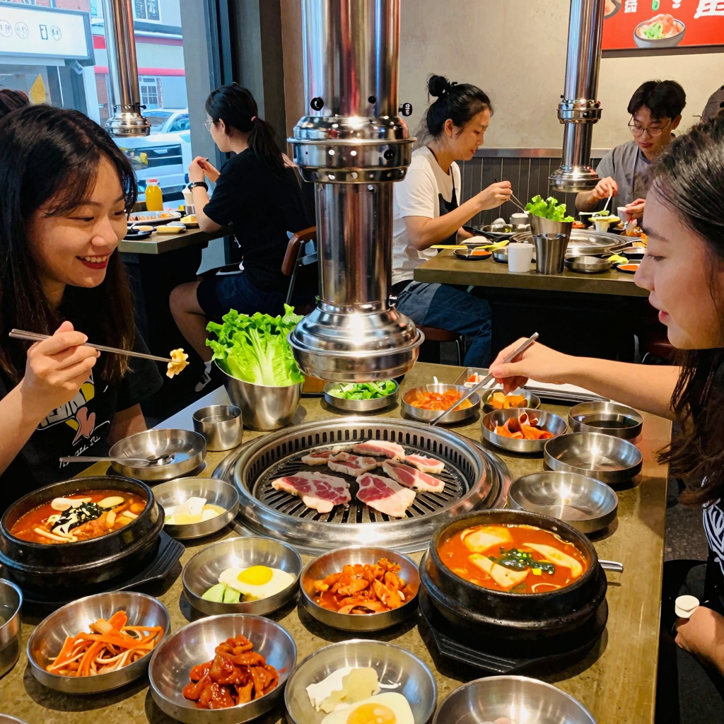 A vibrant and colorful Korean BBQ dining scene in New York City, featuring a grill table with marinated meats, fresh vegetables, and happy diners enjoying their meals, showcasing the cultural significance and appeal of Korean cuisine.