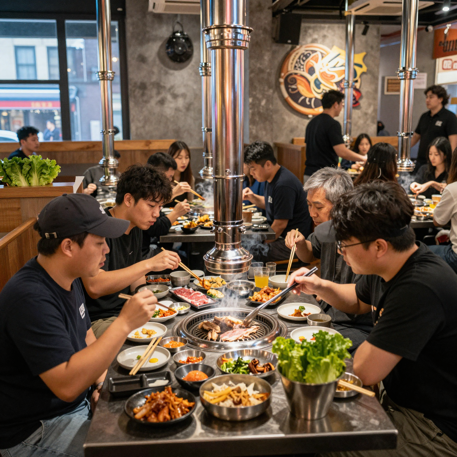 A bustling Korean BBQ restaurant in New York City, featuring diners enjoying food together