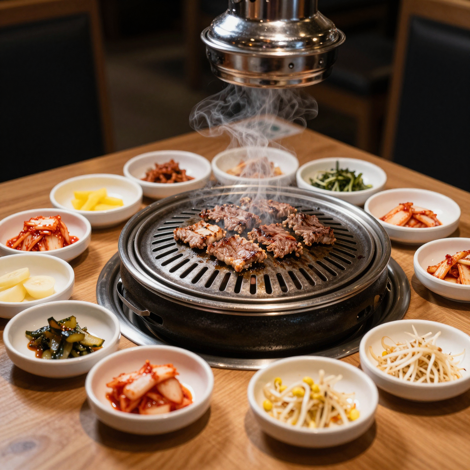 Modern Korean BBQ grill setup with sizzling meat and banchan side dishes
