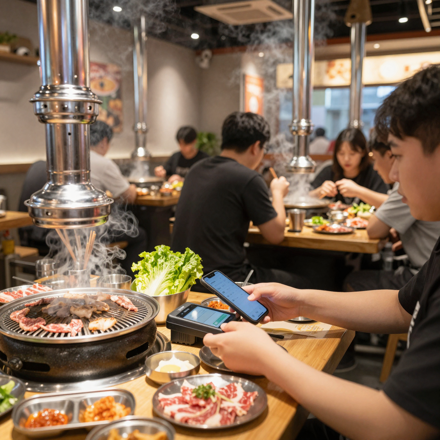 Modern Korean BBQ restaurant interior showing a customer using a smartphone to tap a payment terminal on the table during busy dinner service.