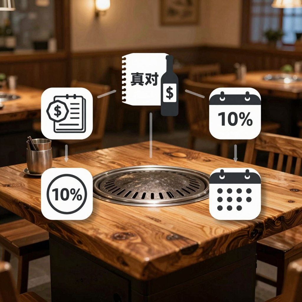Korean BBQ payment policy illustration showing deposit, corkage, and service charge icons on a restaurant table setting
