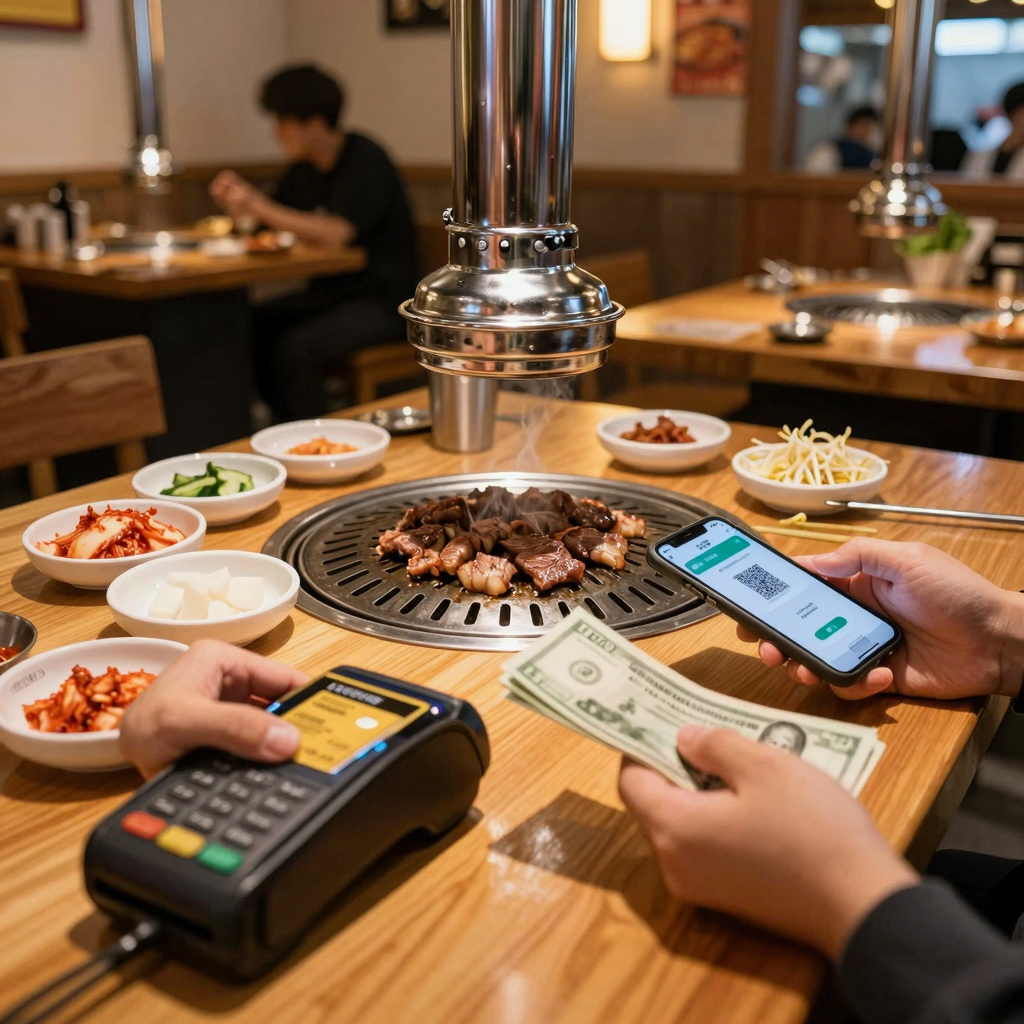 A diner at a Korean BBQ table with cash, credit card, and mobile phone showing payment options available at KBBQ restaurants