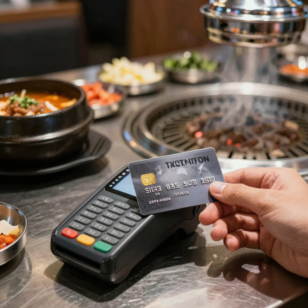 A customer pays at a Korean BBQ table with a credit card held over a small black card reader, with blurred grill smoke and banchan in the background.