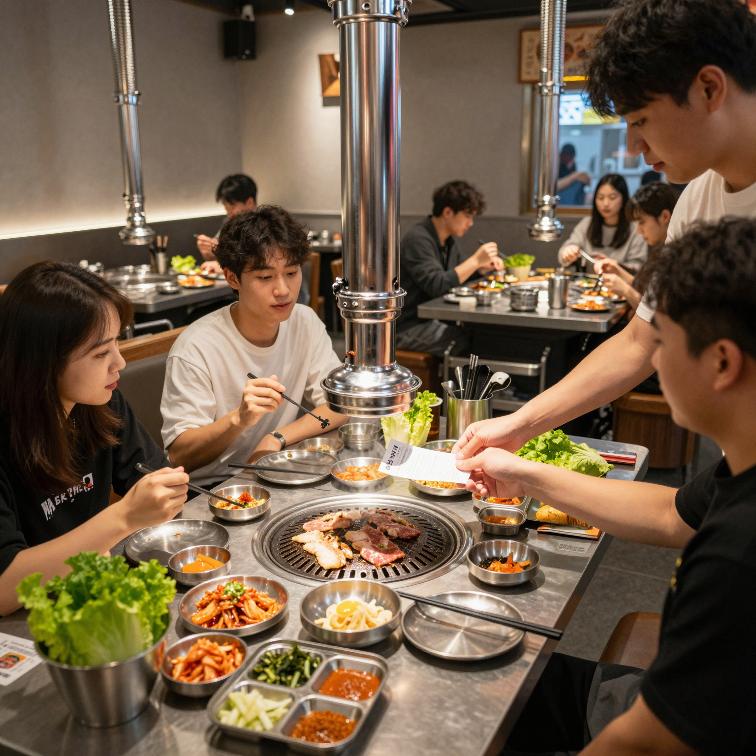 A group of diners at a Korean BBQ restaurant reviewing the check while sizzling meat cooks on the table grill