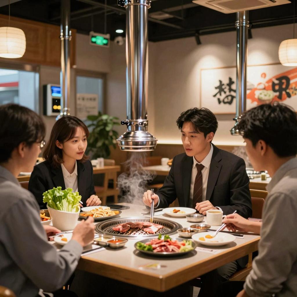 Business owners discussing payment strategy at a Korean BBQ restaurant
