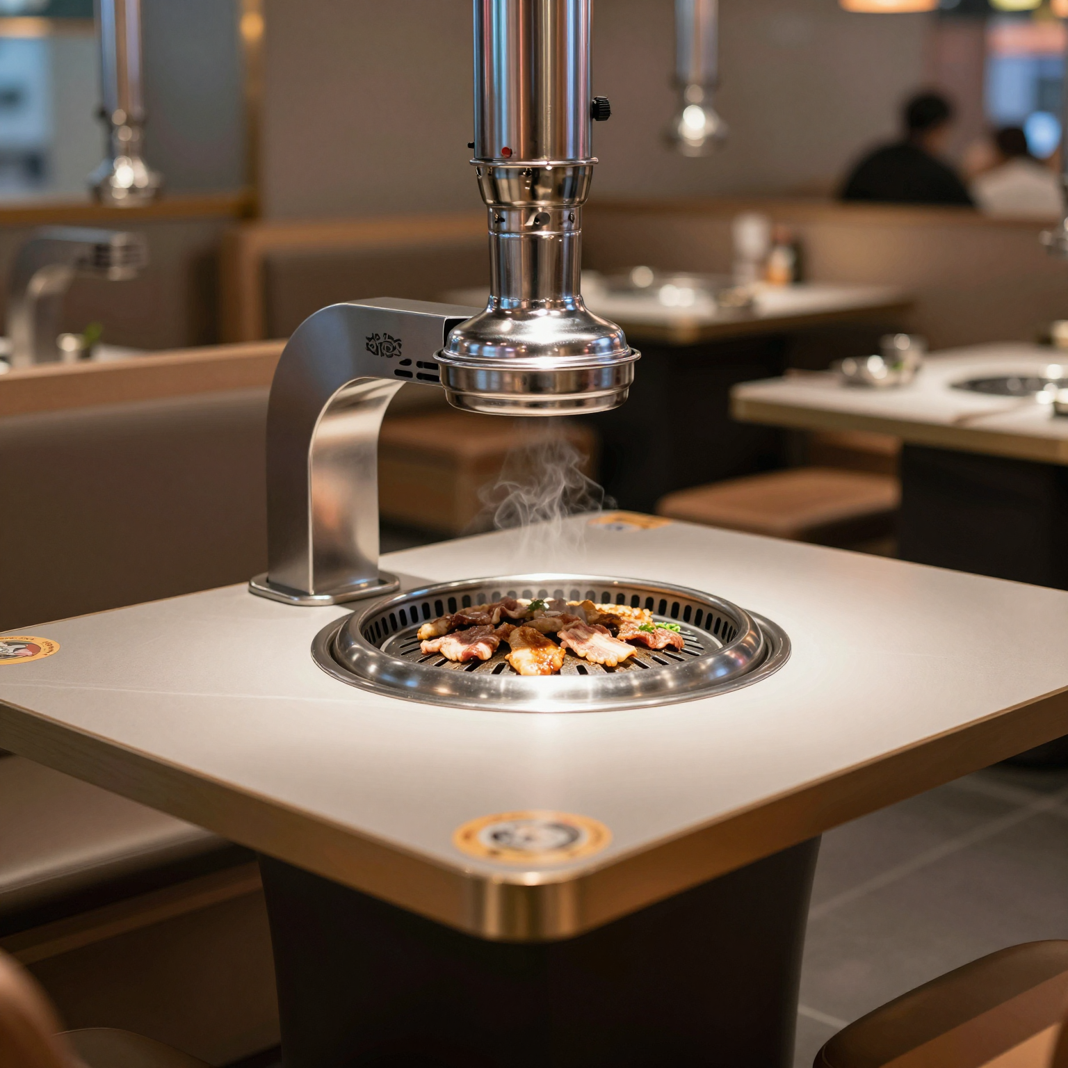 Modern commercial Korean BBQ table with integrated grill and downdraft exhaust system