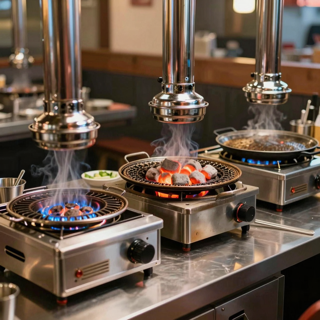 Three types of Korean BBQ grills - gas, charcoal, and electric - arranged in a professional restaurant kitchen