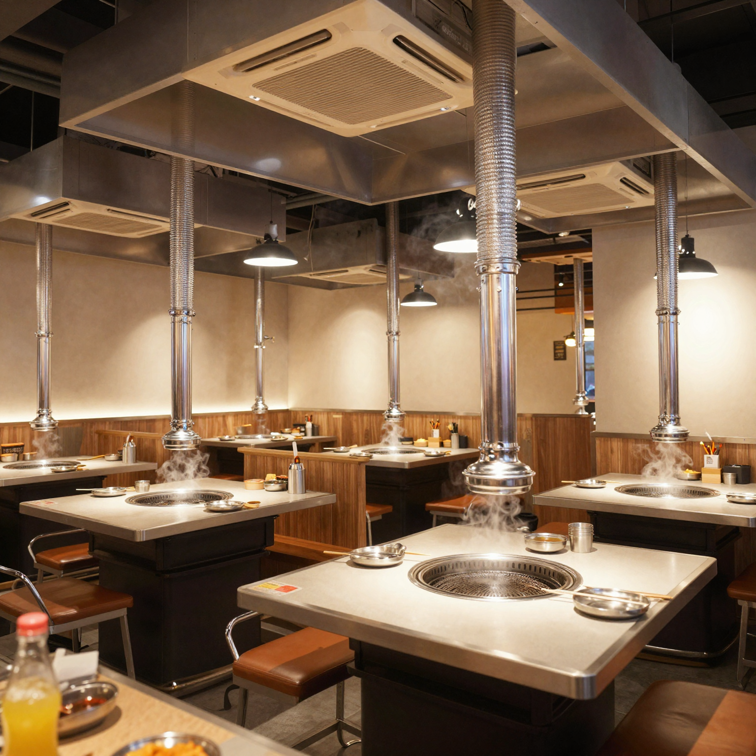 Korean BBQ restaurant ventilation system showing overhead hoods and table-mounted exhaust pipes