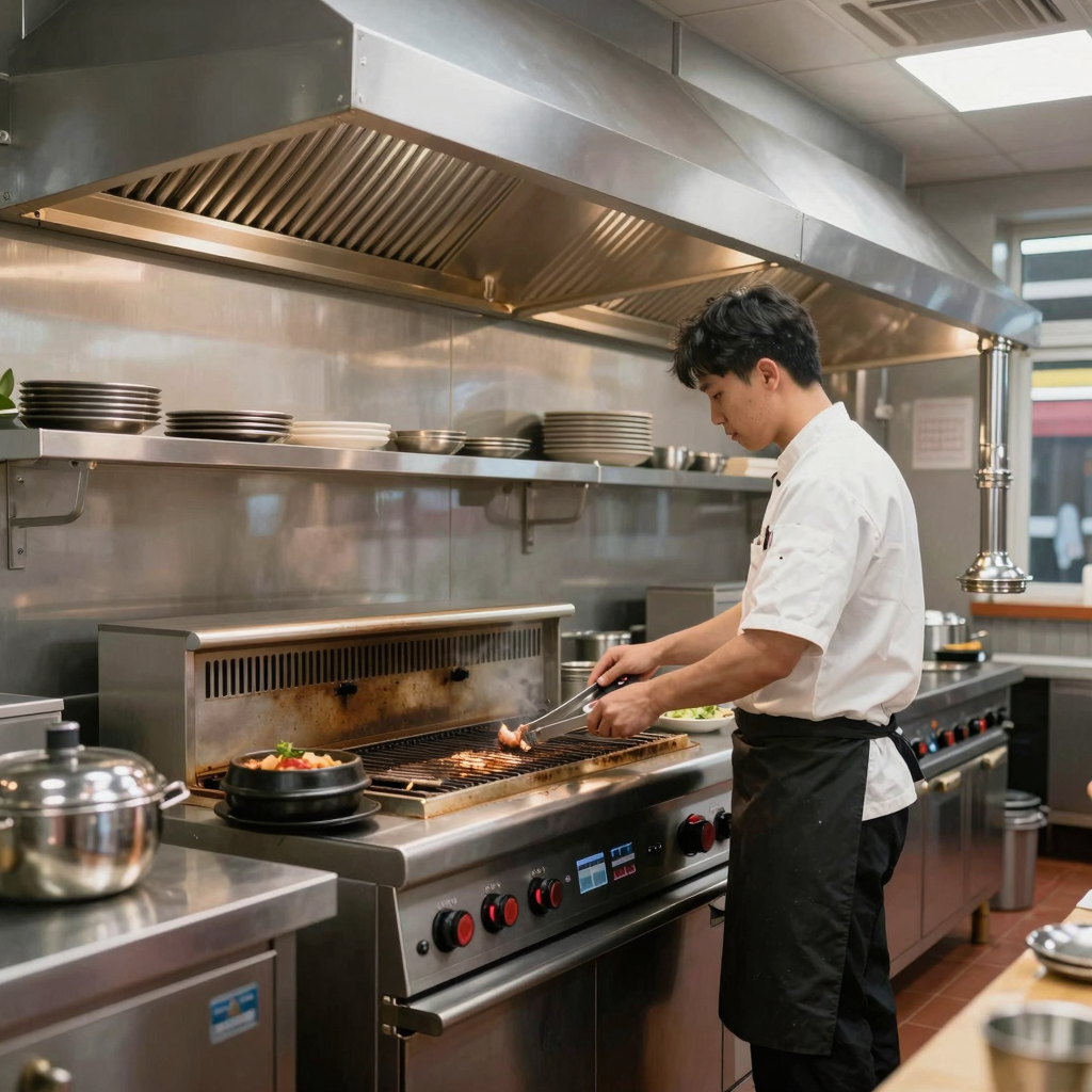 Korean BBQ chef inspecting grill grates and ventilation hoods in a commercial kitchen