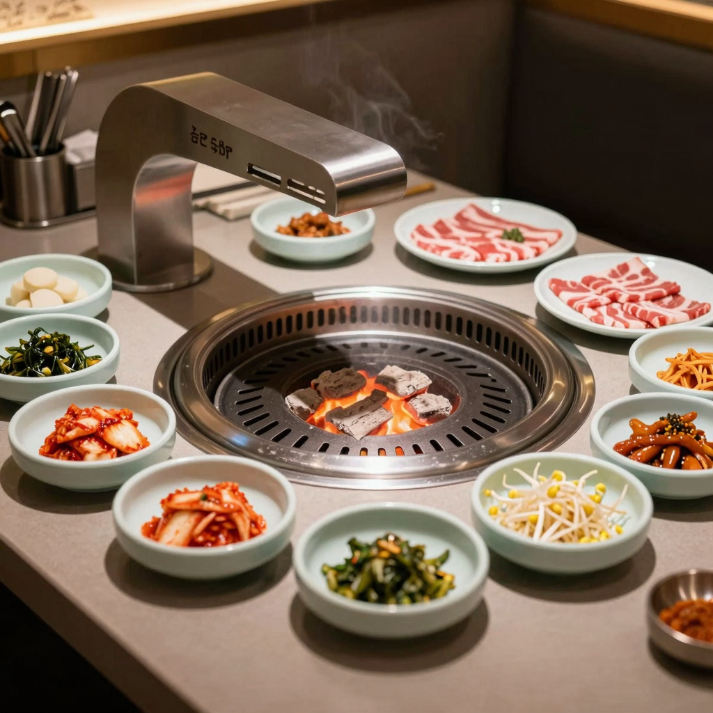Modern Korean BBQ Table Setup with Built-in Grill and Banchan
