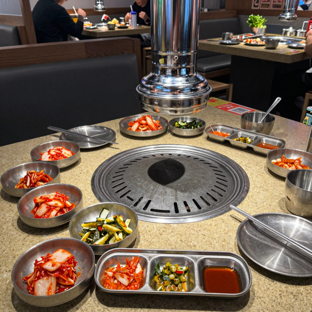A vibrant setup of an all-you-can-eat Korean BBQ restaurant