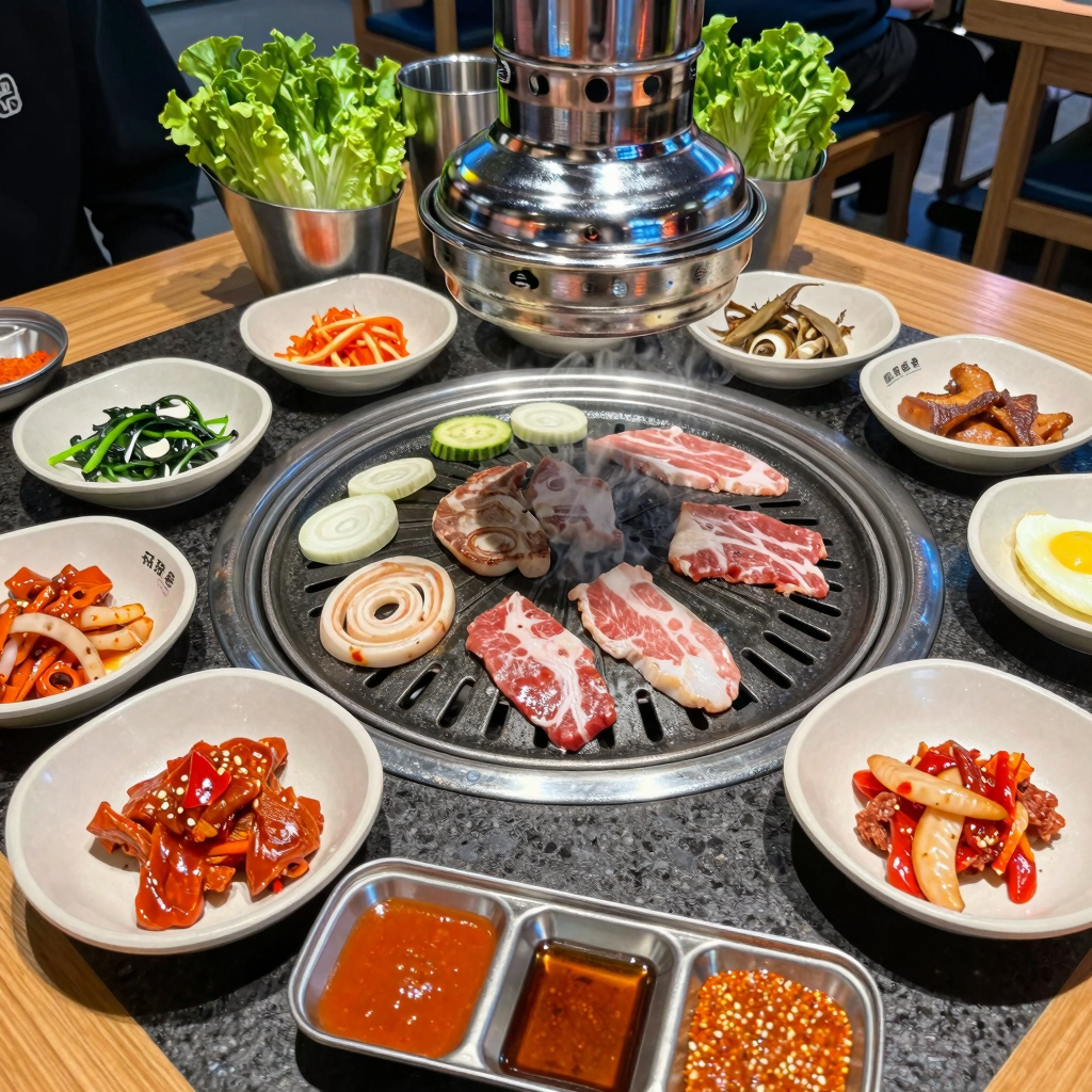 A vibrant and engaging scene of Korean BBQ with various meats and vegetables being grilled.