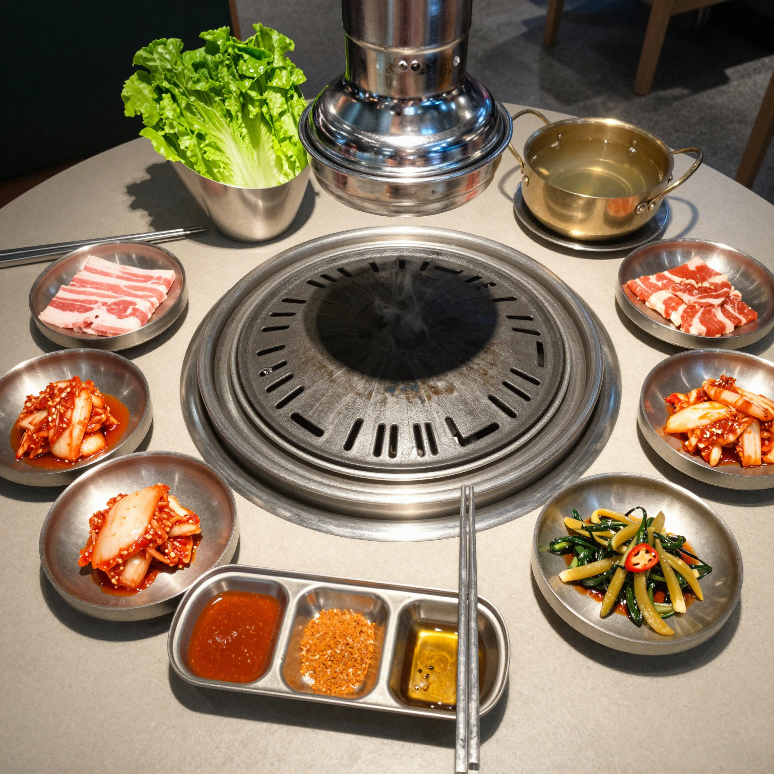 Korean BBQ grill setup with food and ingredients