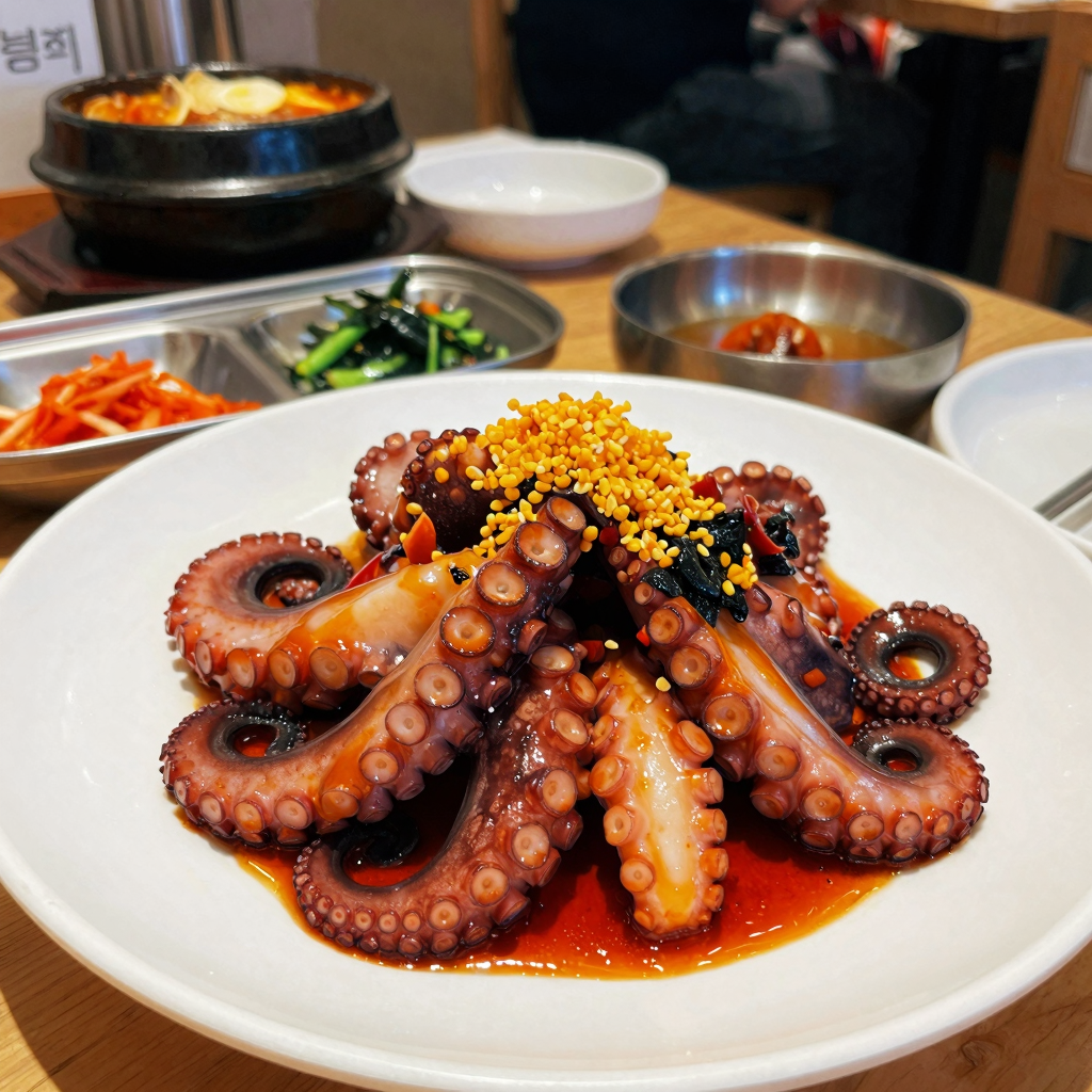Plated octopus dish in Korean BBQ style