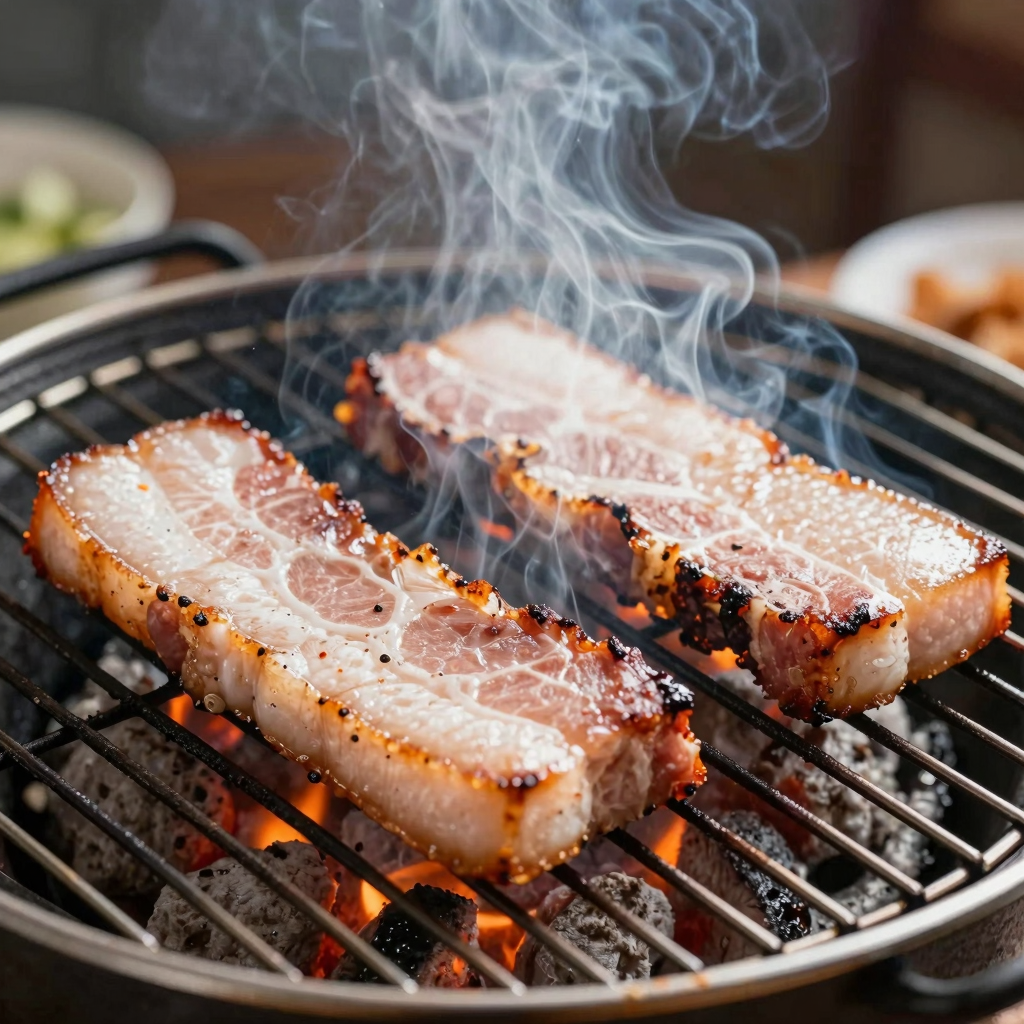 Pork belly sizzling on a charcoal grill