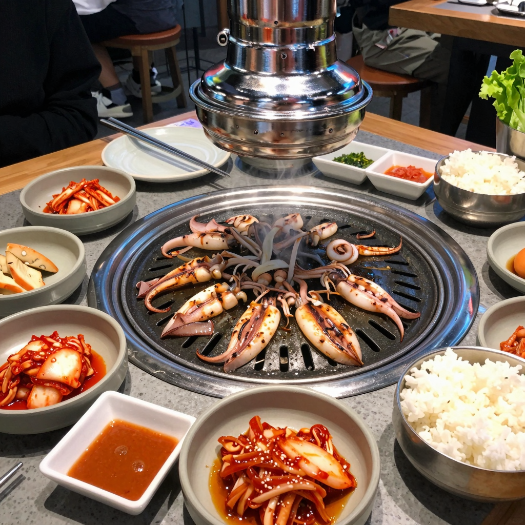 Korean BBQ squid grilling