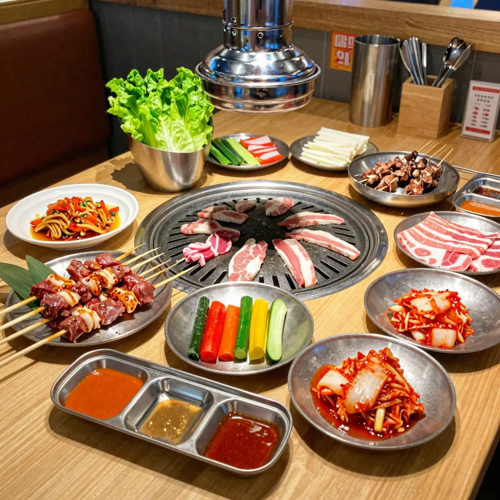 Korean BBQ table filled with assorted meats and side dishes