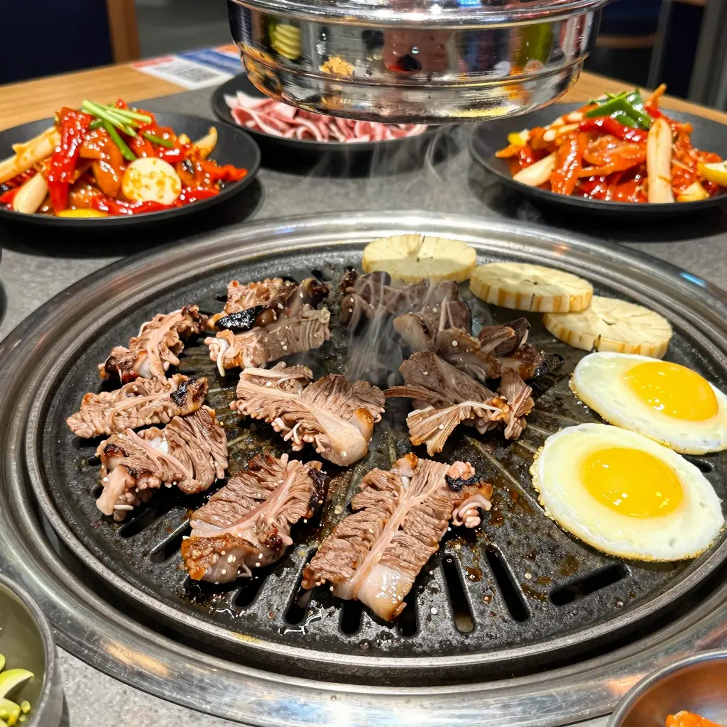 Korean BBQ scene featuring bulgogi on a grill