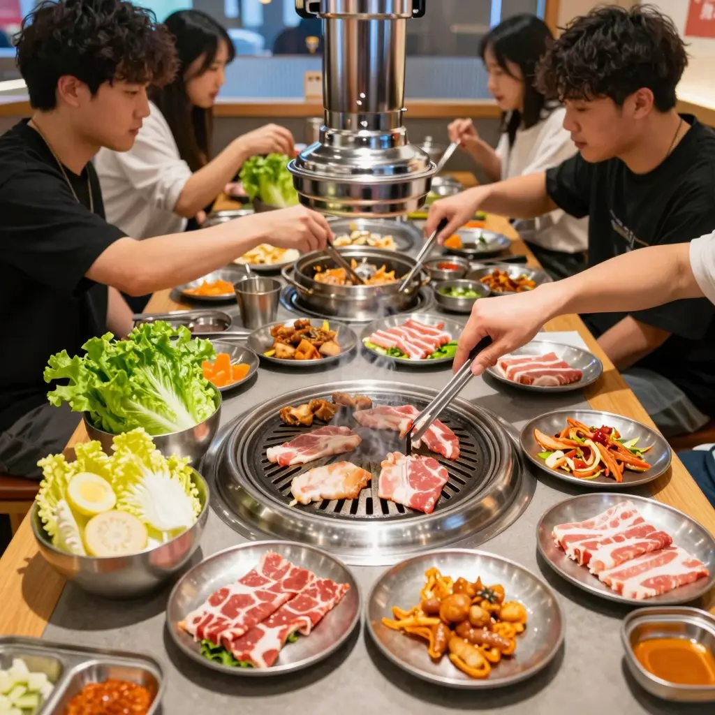 A vibrant All You Can Eat Korean BBQ restaurant scene featuring a variety of meats and vegetables on a grill, animated atmosphere with diners enjoying their meal.