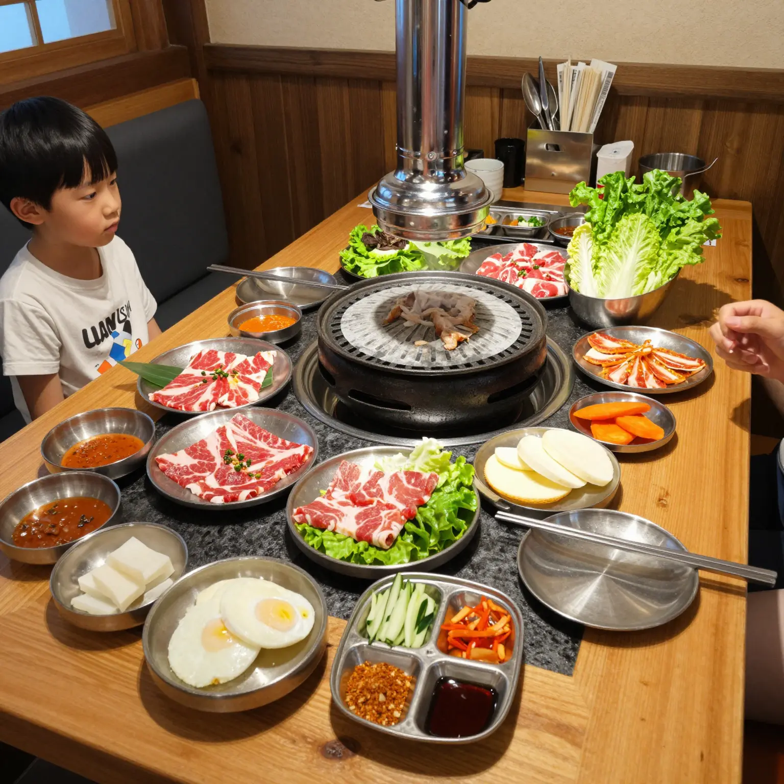 A vibrant and engaging Korean BBQ setup for lunch, featuring an array of grilling options like marinated meats, colorful vegetables, and dipping sauces, arranged beautifully on a traditional Korean dining table with side dishes. The atmosphere should convey a lively dining experience, perfect for sharing with friends and family.