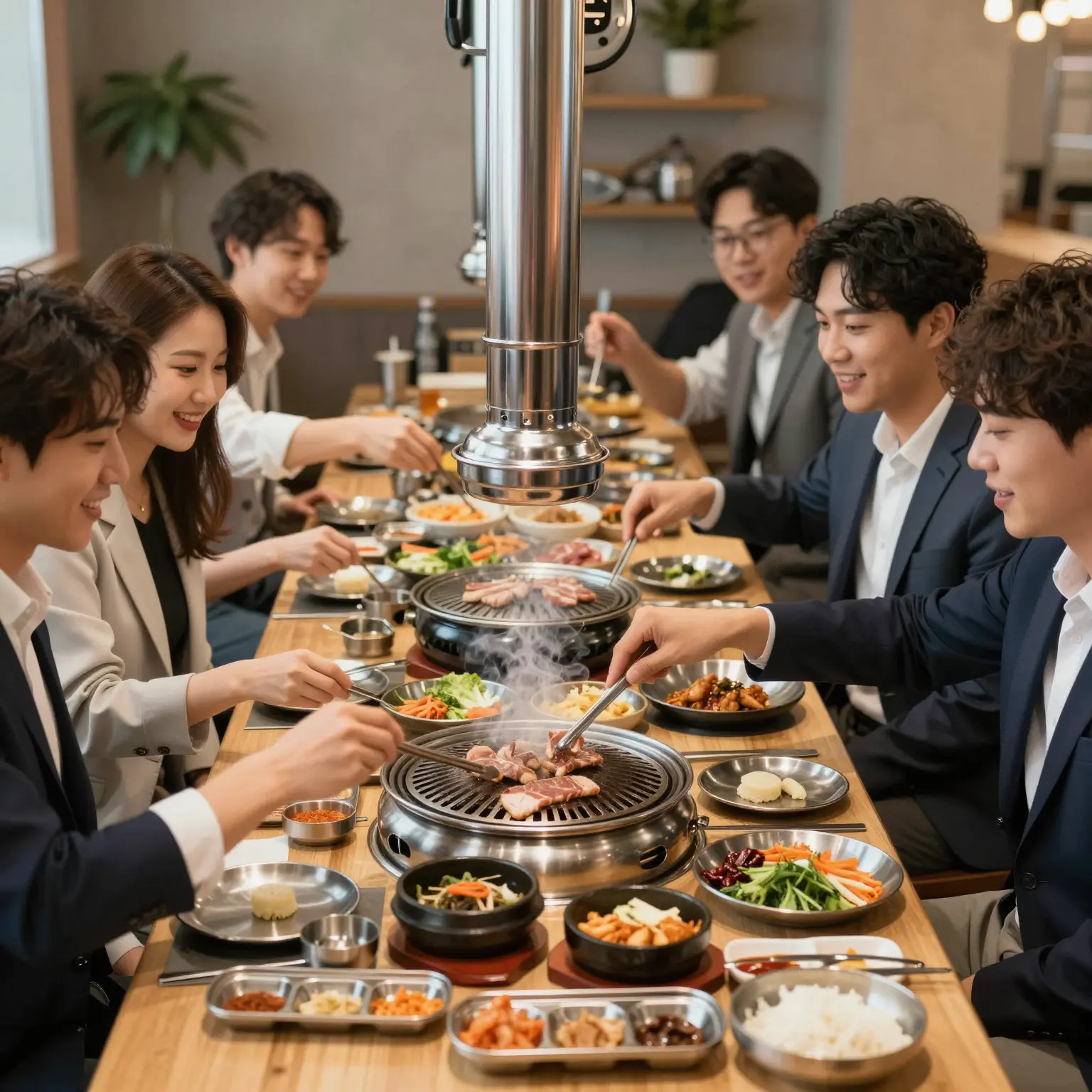 Diverse business people enjoying Korean BBQ