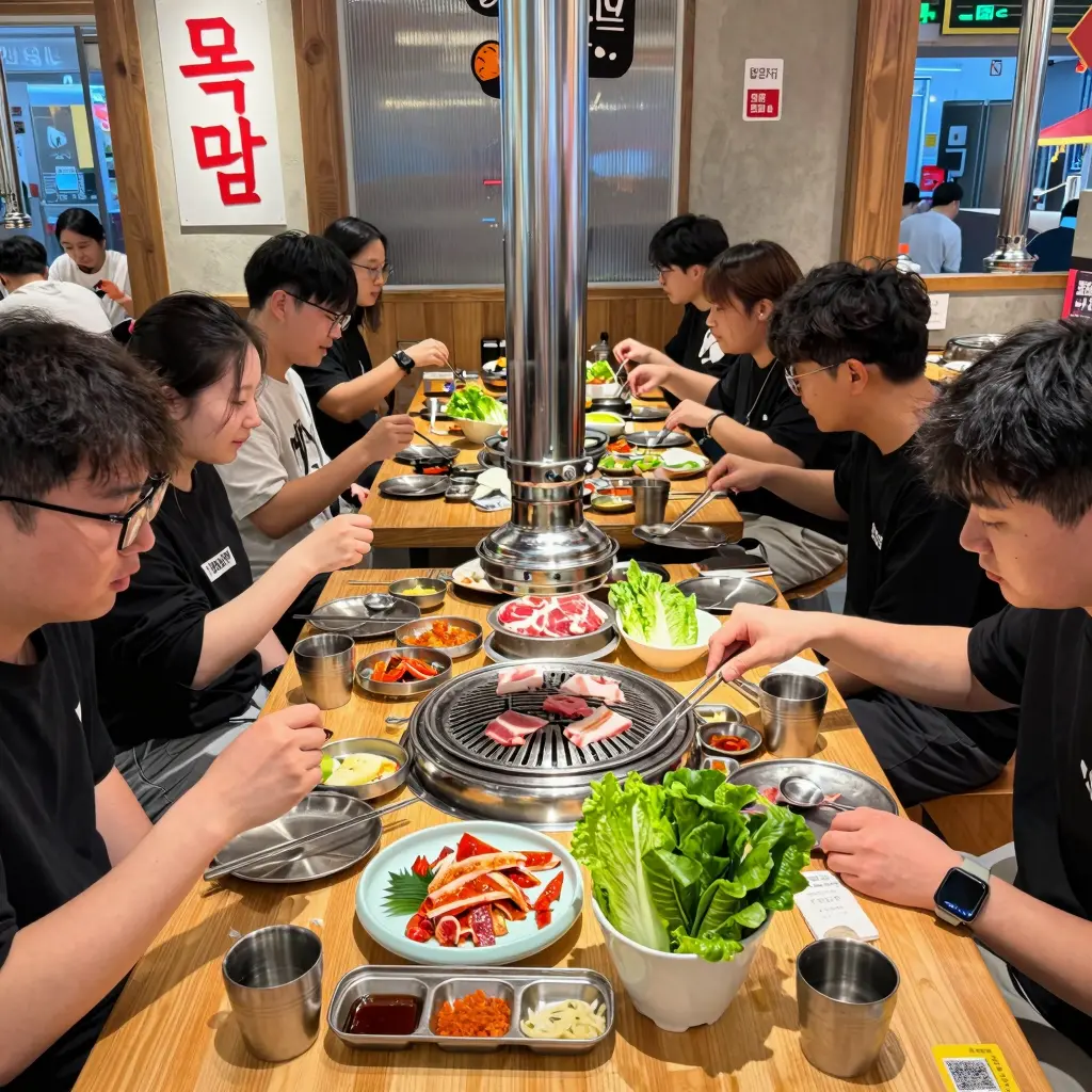 A vibrant scene of a Korean BBQ restaurant bustling with customers.