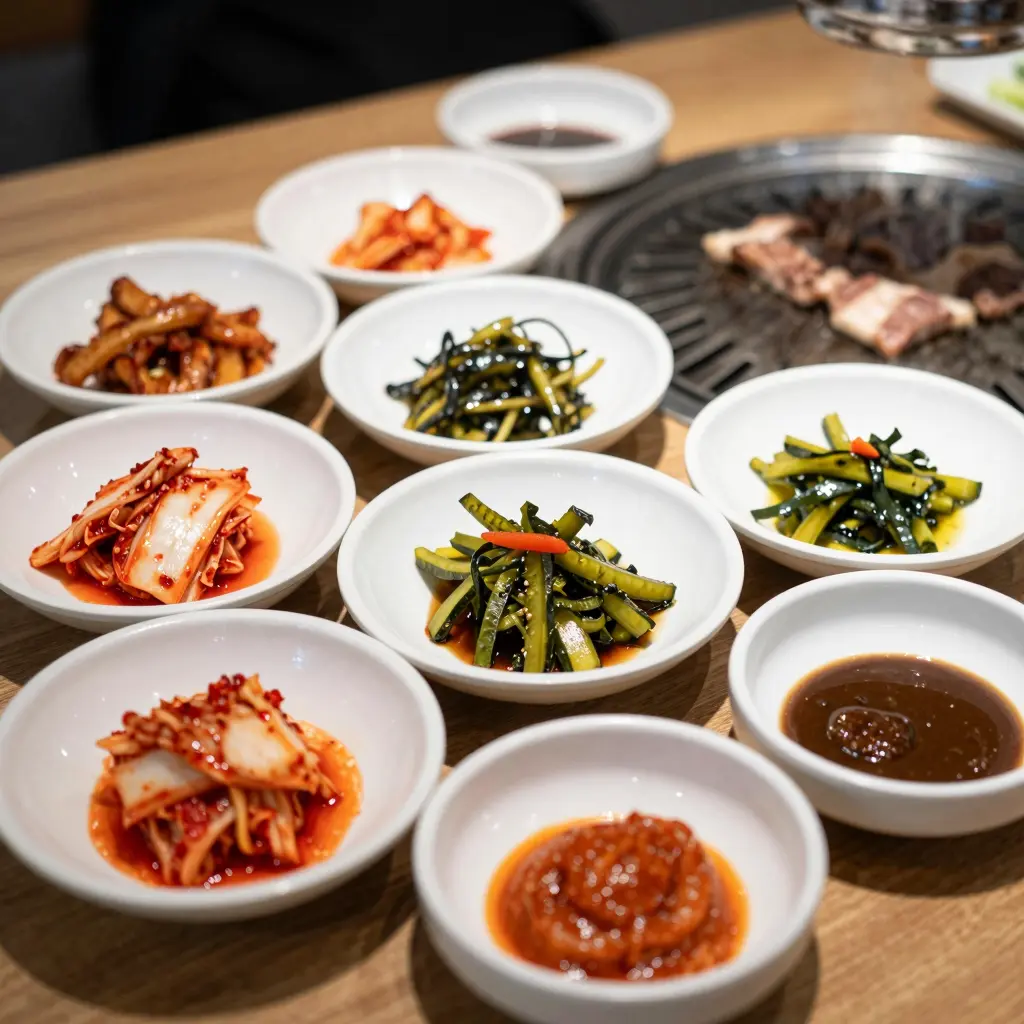 A beautiful spread of Korean BBQ side dishes with grilled meats in the background.